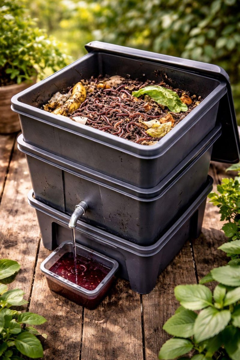 Worm composting bin with red wigglers