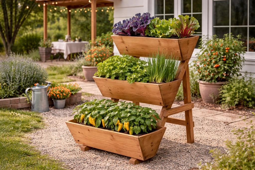Three-tier wooden planter filled with leafy greens and vegetables