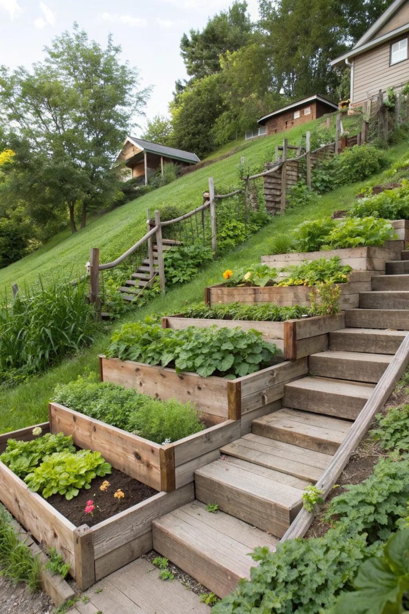 Tiered raised beds on slope