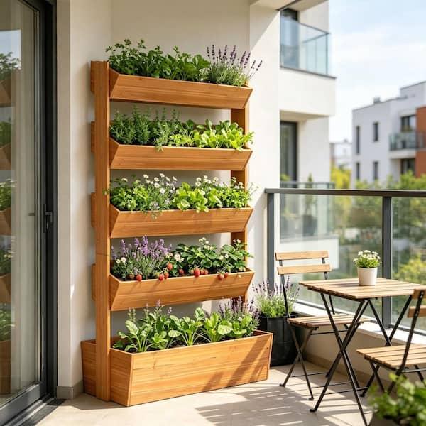 Tiered vegetable planter shelves on balcony