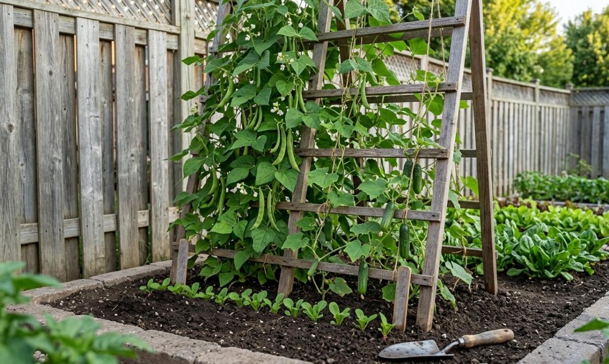 Wooden trellis supporting climbing cucumbers in a small garden