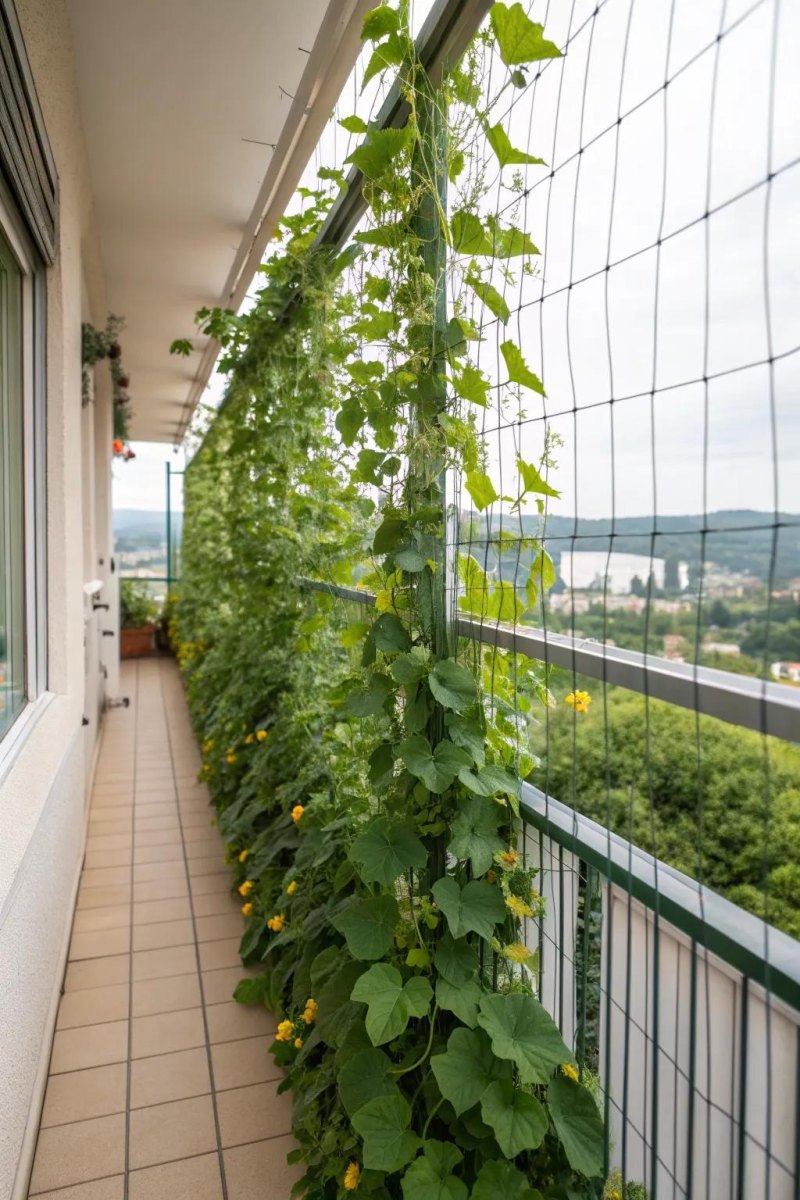 Balcony trellis with climbing vegetables