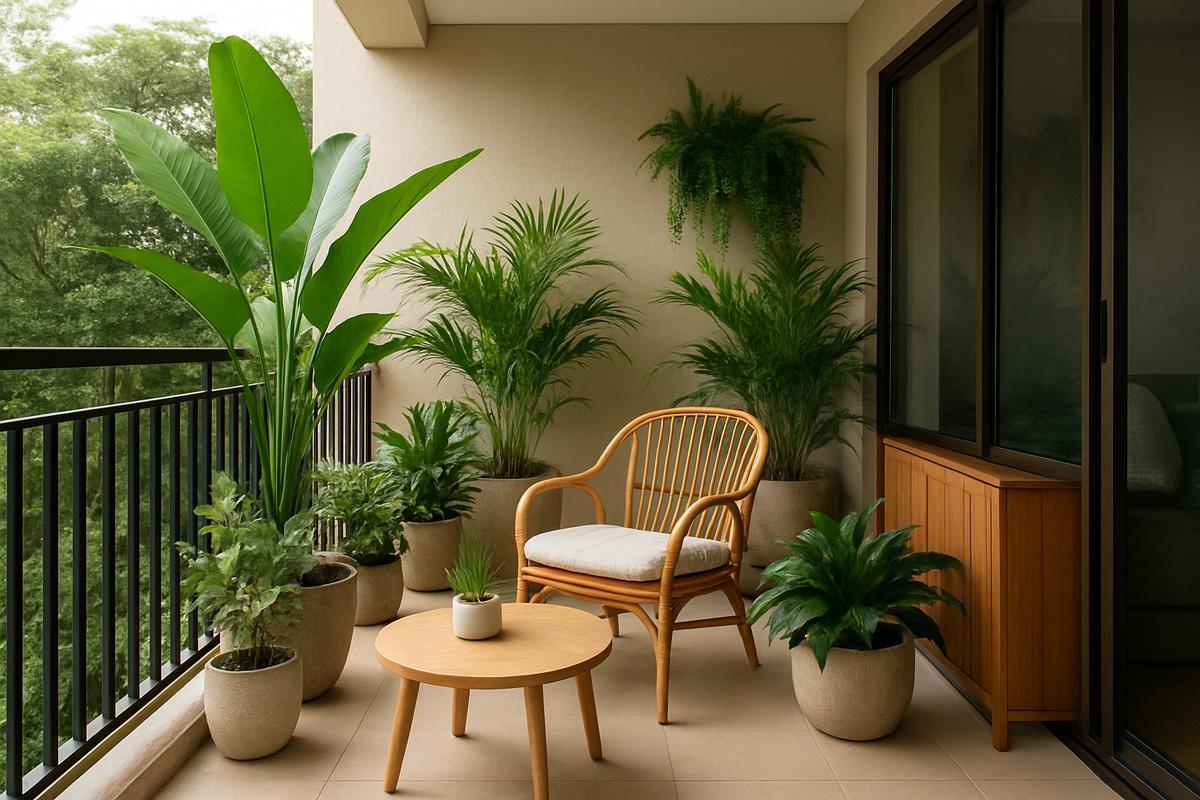 Tropical balcony garden with leafy potted plants, rattan chair, and a round wooden table