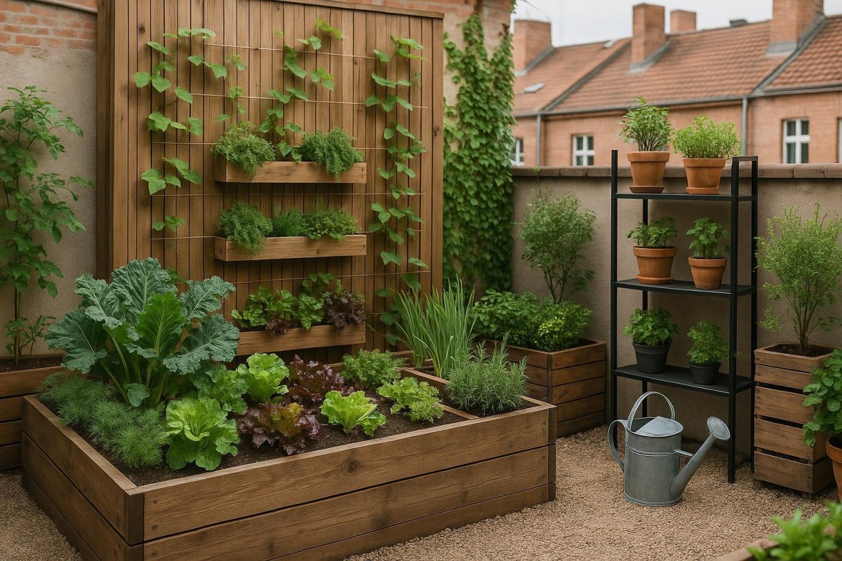 Raised herb bed with vertical trellis and wall-mounted herb planters