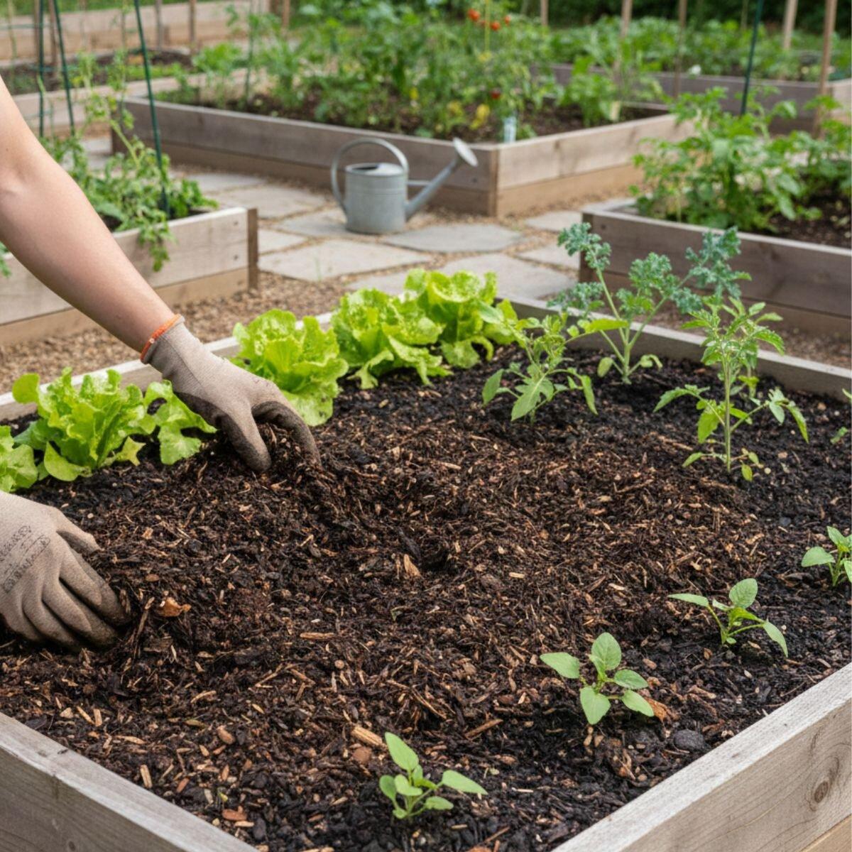 Finished compost spread in vegetable garden
