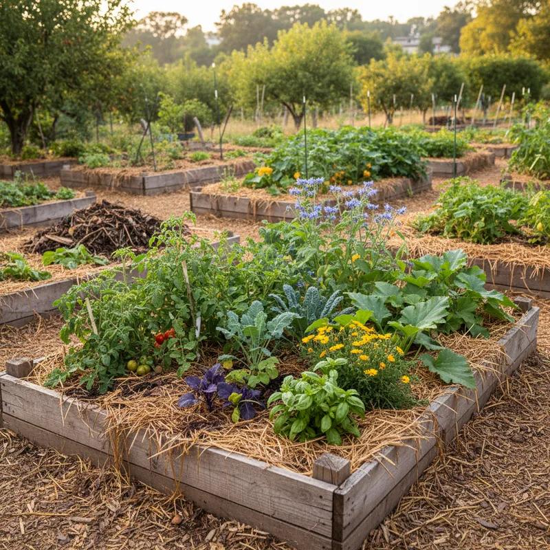 Mulched vegetable garden beds