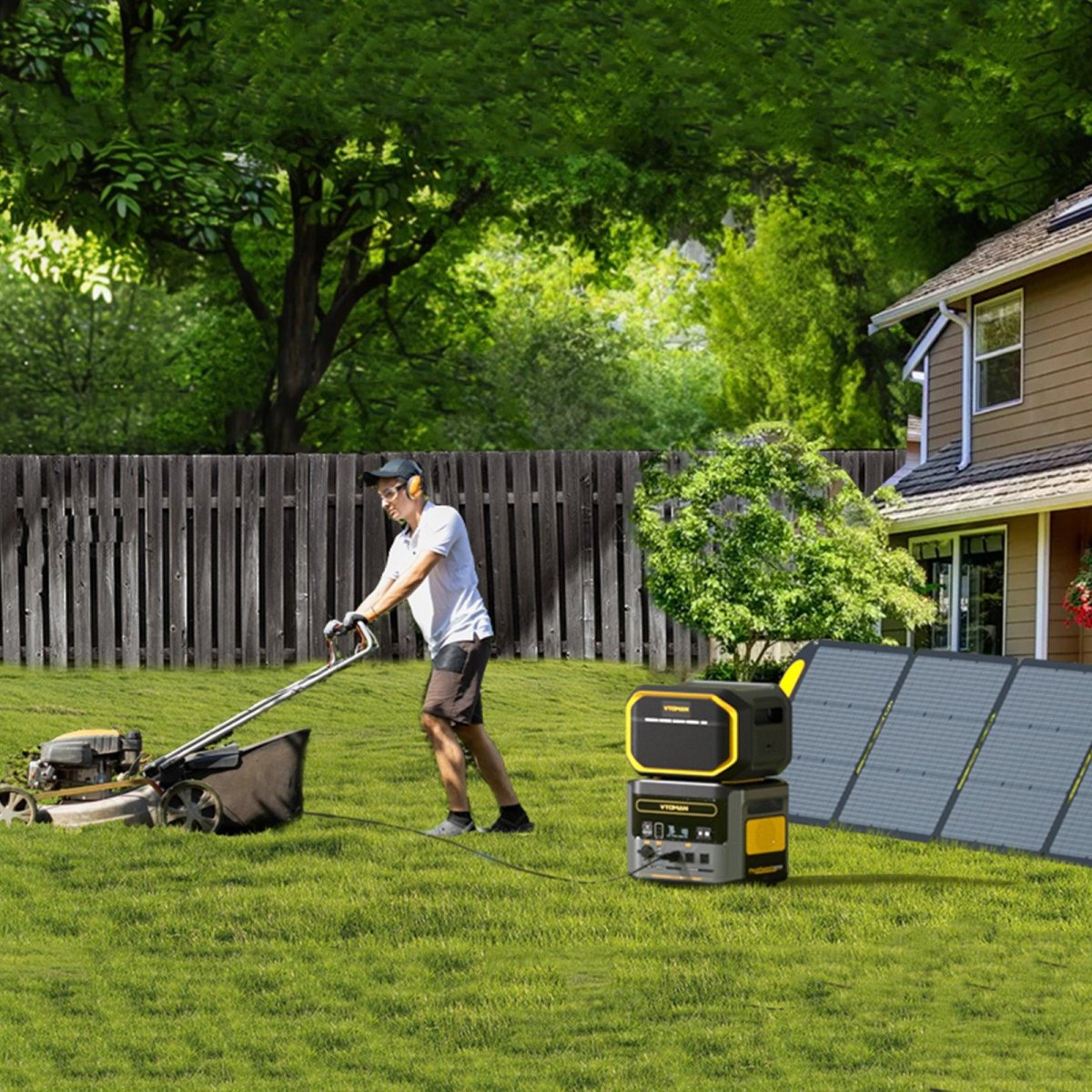 Solar panels powering garden equipment