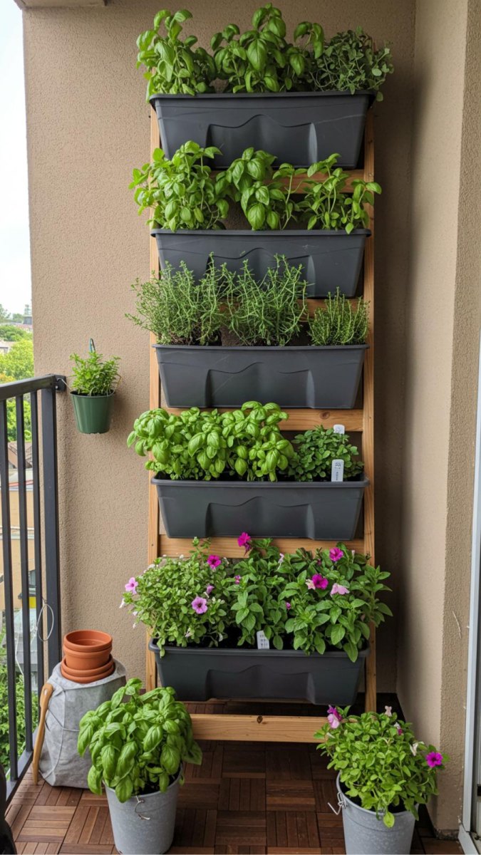 Vertical container garden with stacked planters