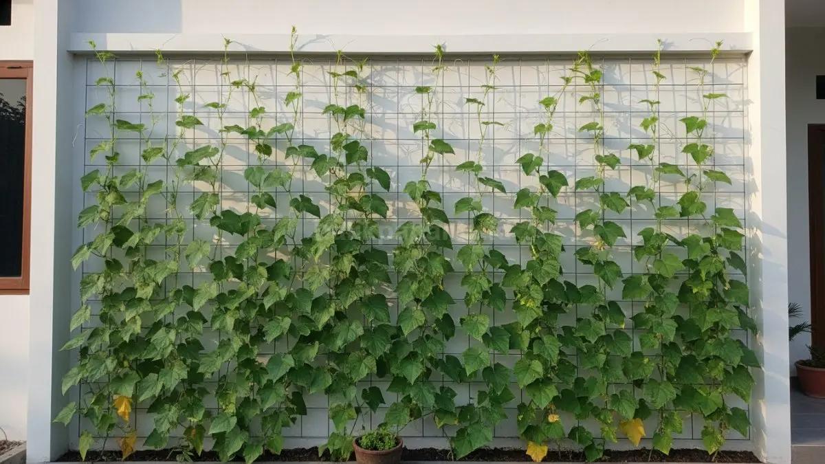 Wall mounted cucumber trellis covered with climbing cucumber plants
