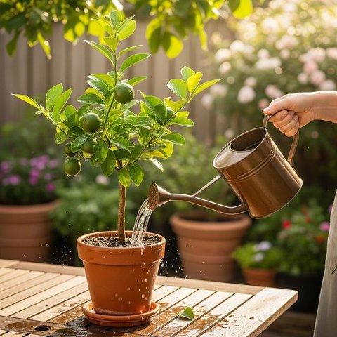 Watering potted citrus tree