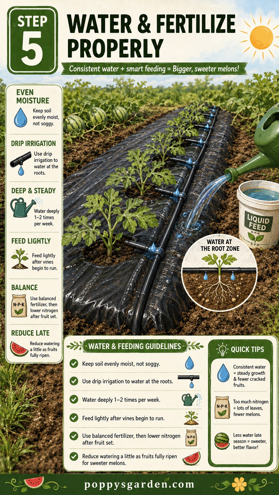 Drip irrigation watering watermelon vines grown under plastic mulch at the root zone