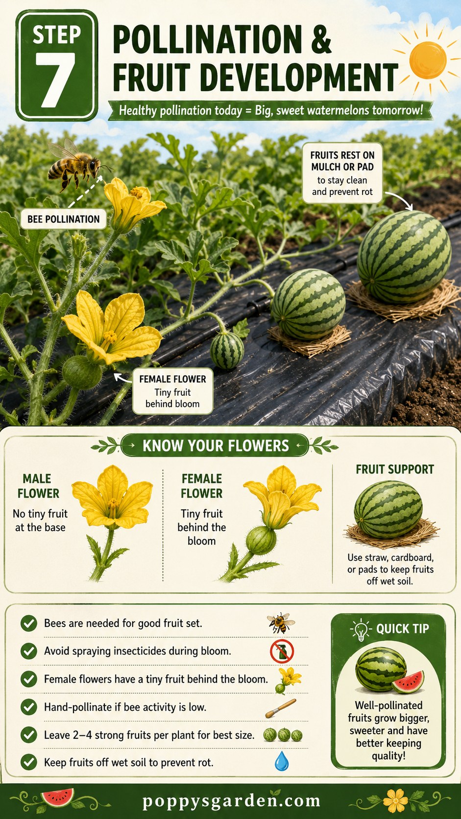 Bee pollinating a female watermelon flower with young fruit resting on the plastic mulch