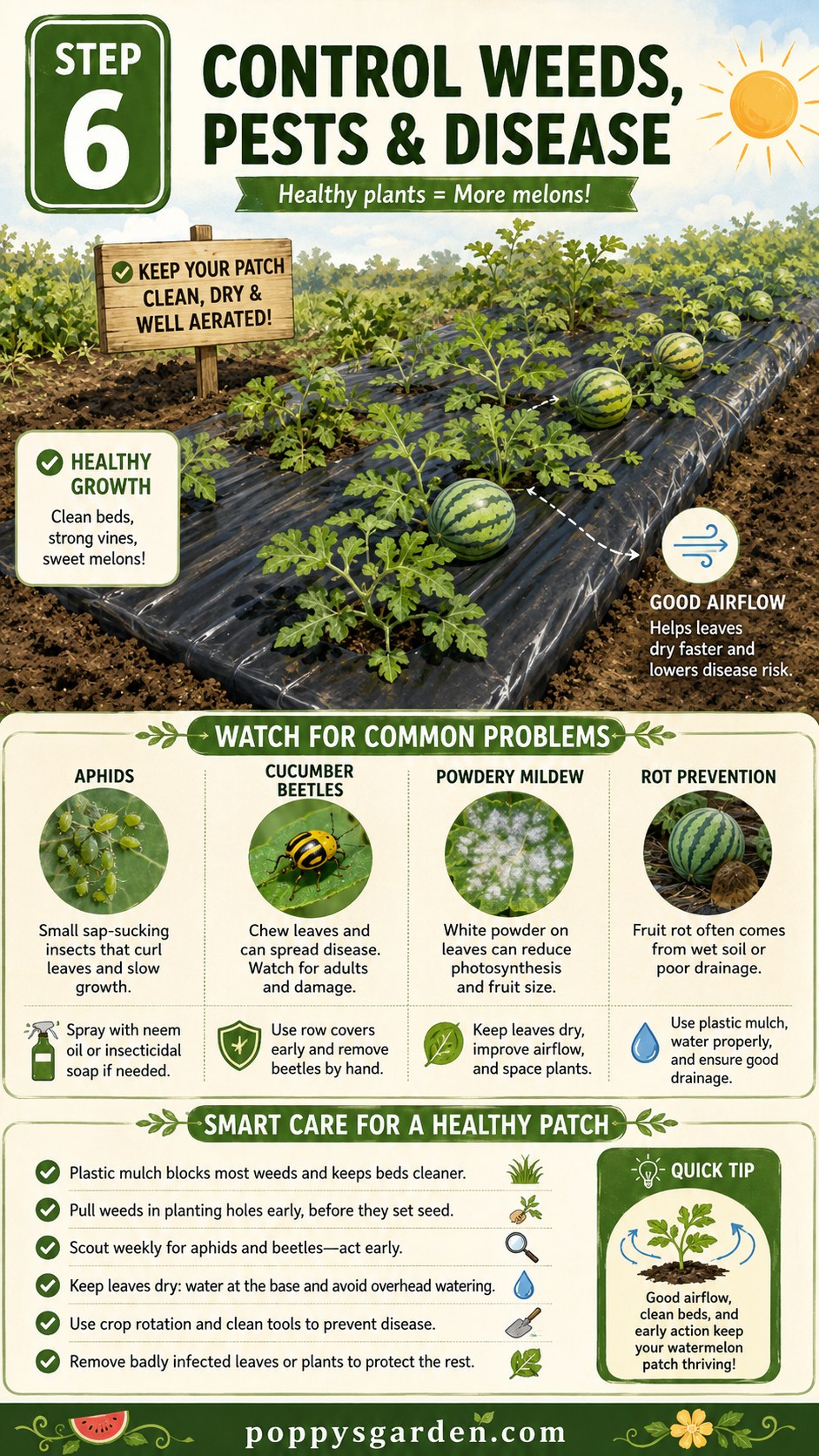 Healthy watermelon vines under plastic mulch showing clean leaves and good airflow