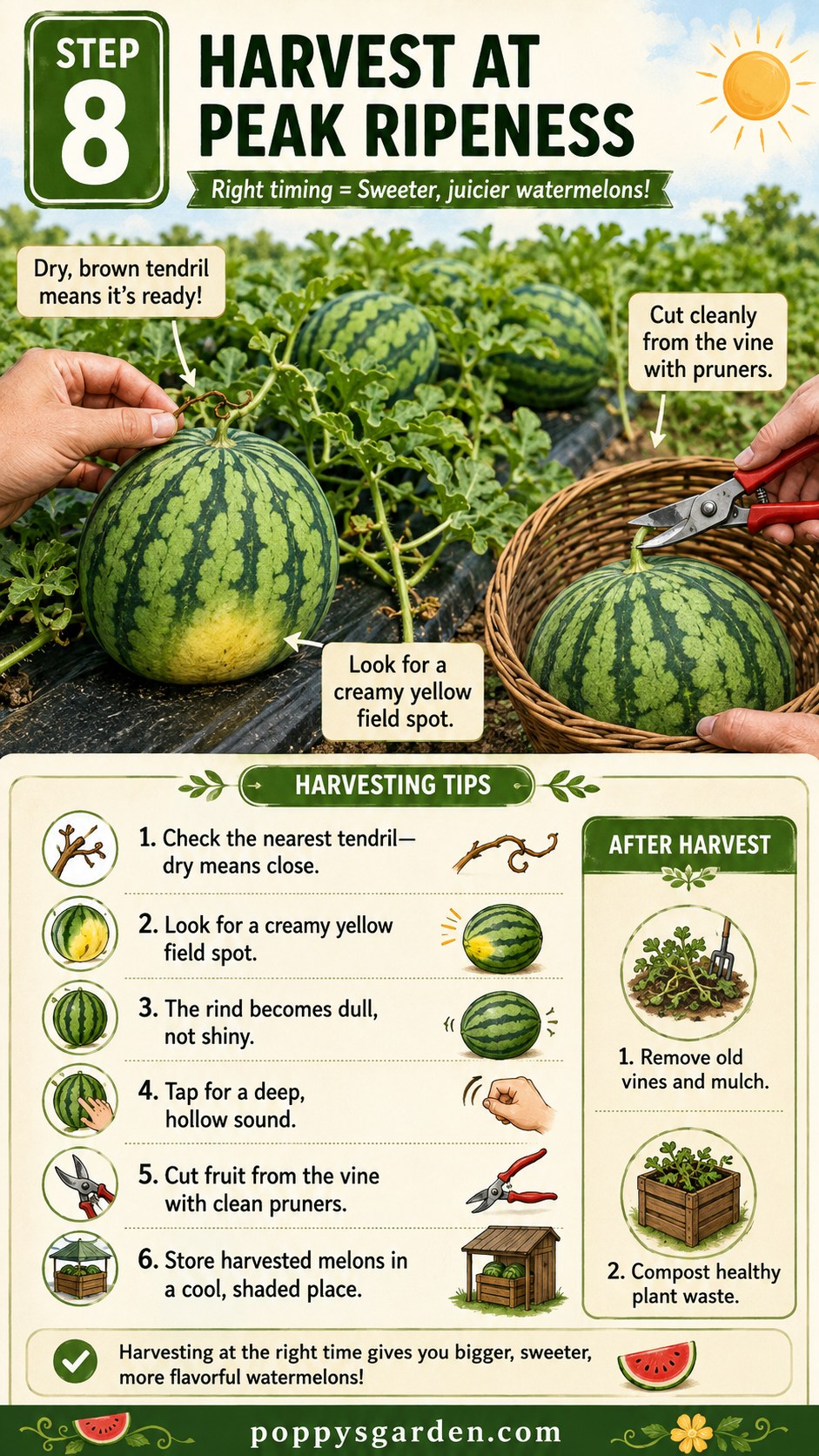 Ripe watermelon with a creamy field spot being harvested from a vine grown under plastic mulch