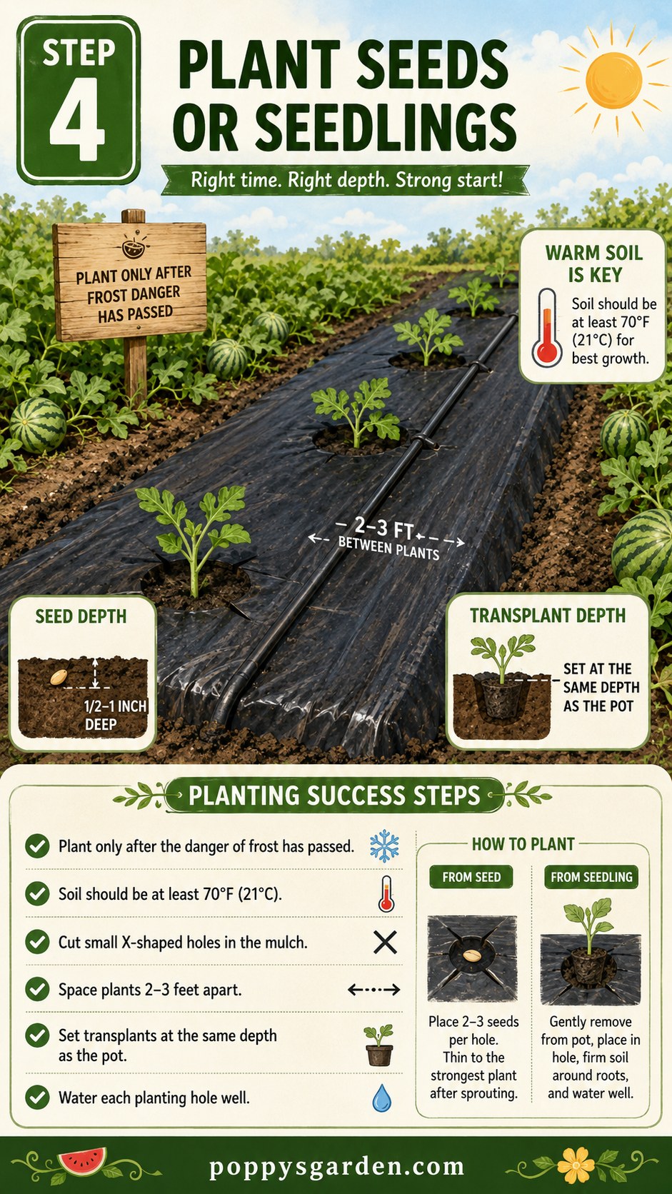 Watermelon seedlings planted through holes cut into black plastic mulch in a sunny row