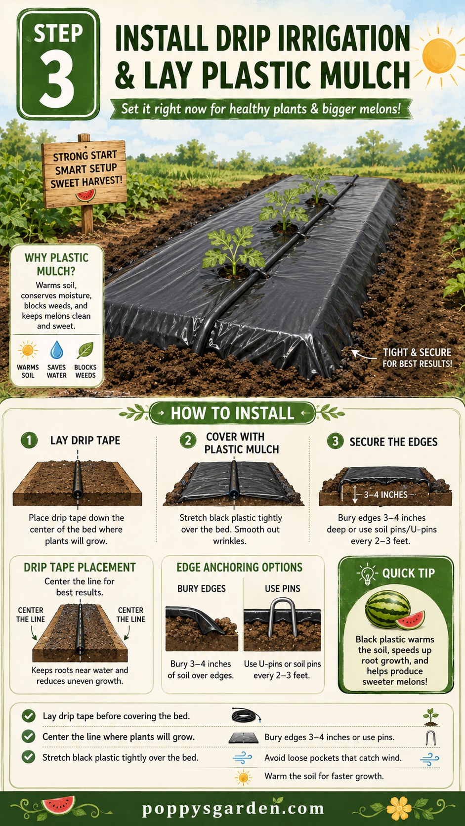 Black plastic mulch and drip tape installed over a raised bed for watermelon plastic mulch farming