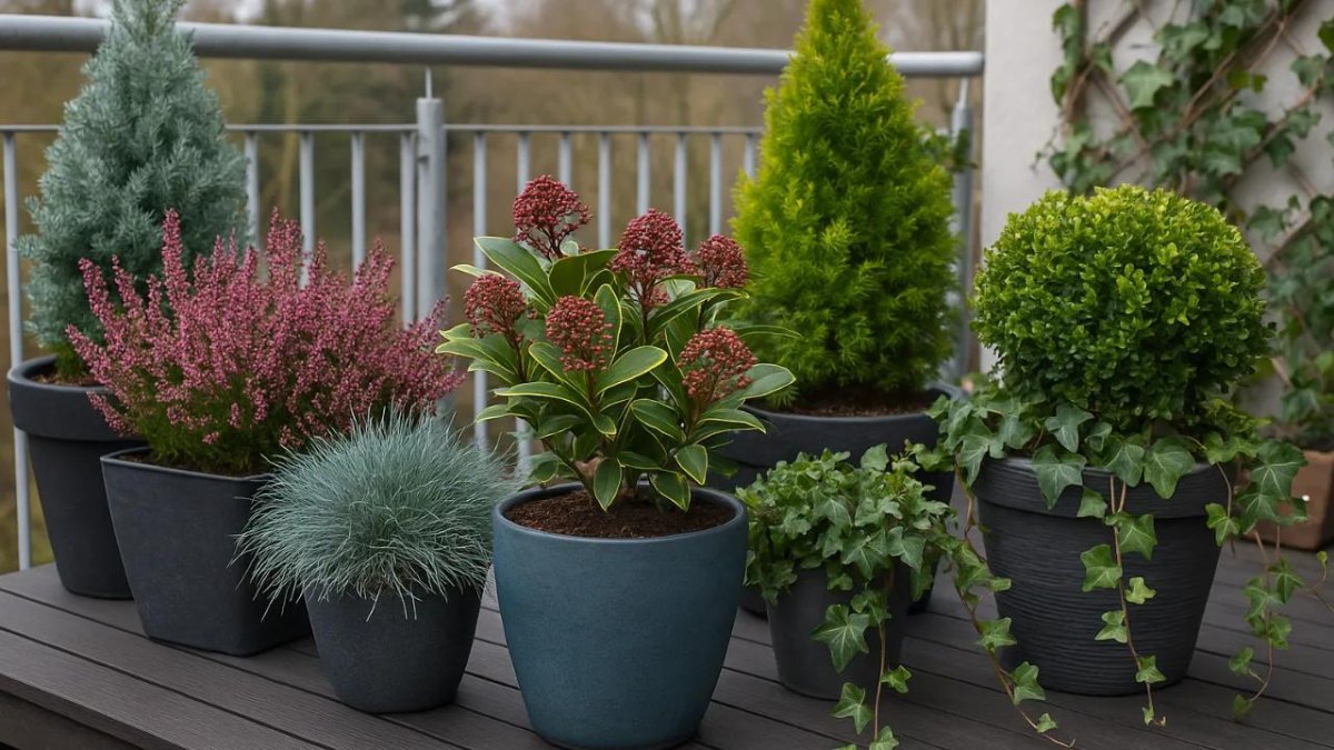 Winterharte Ziergräser und kleine Gehölze in Terrassenkübeln
