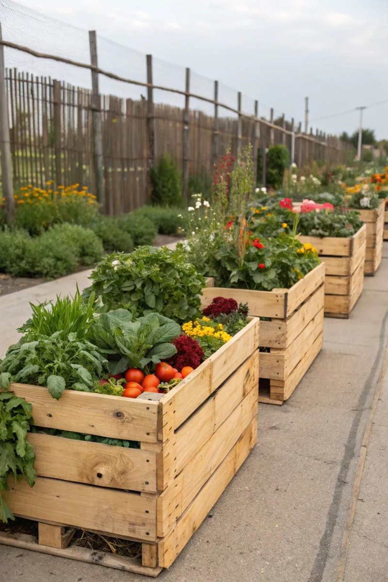 Wooden vegetable planter boxes outdoors