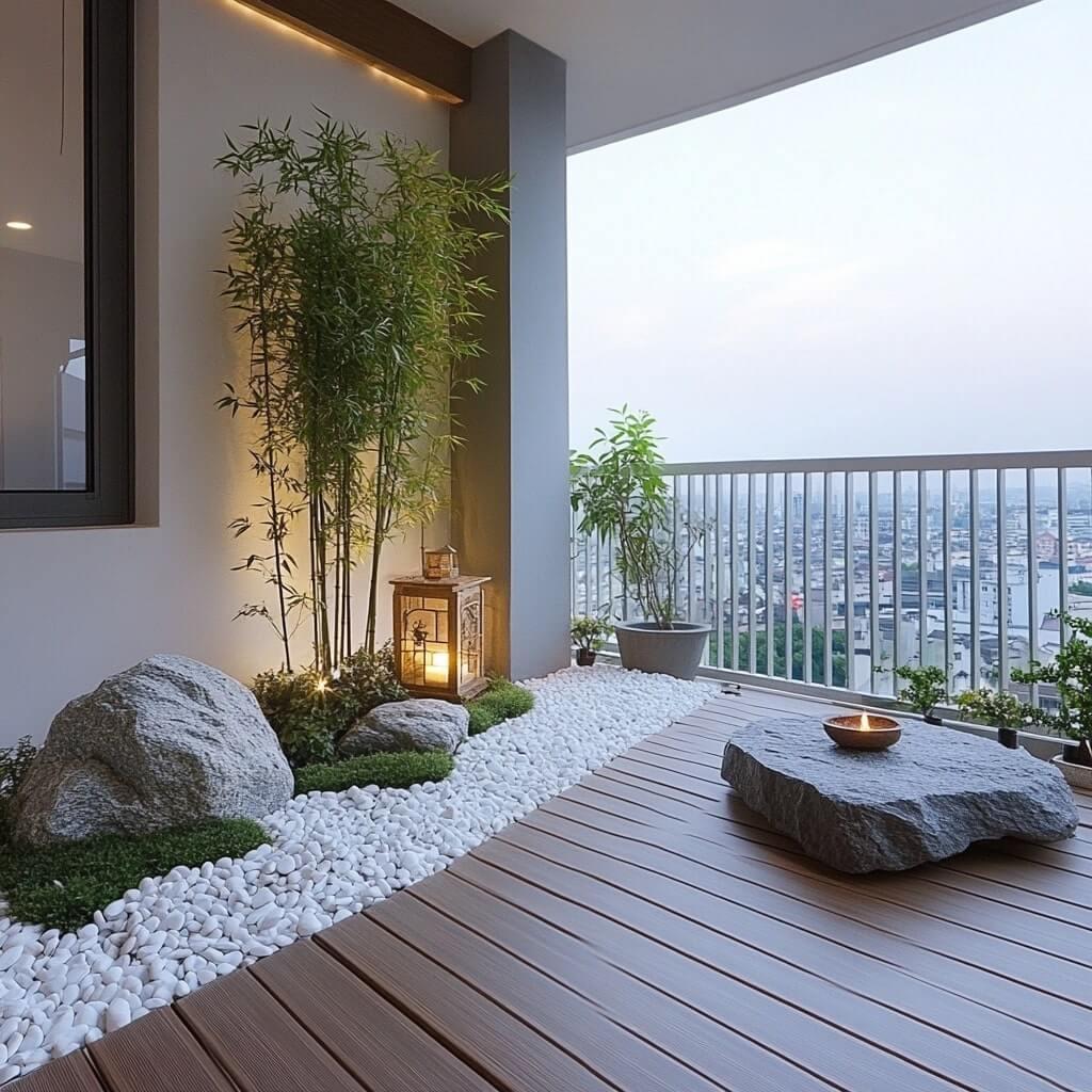 Flowering balcony garden with a climbing trellis, terracotta pots, and conversation chairs